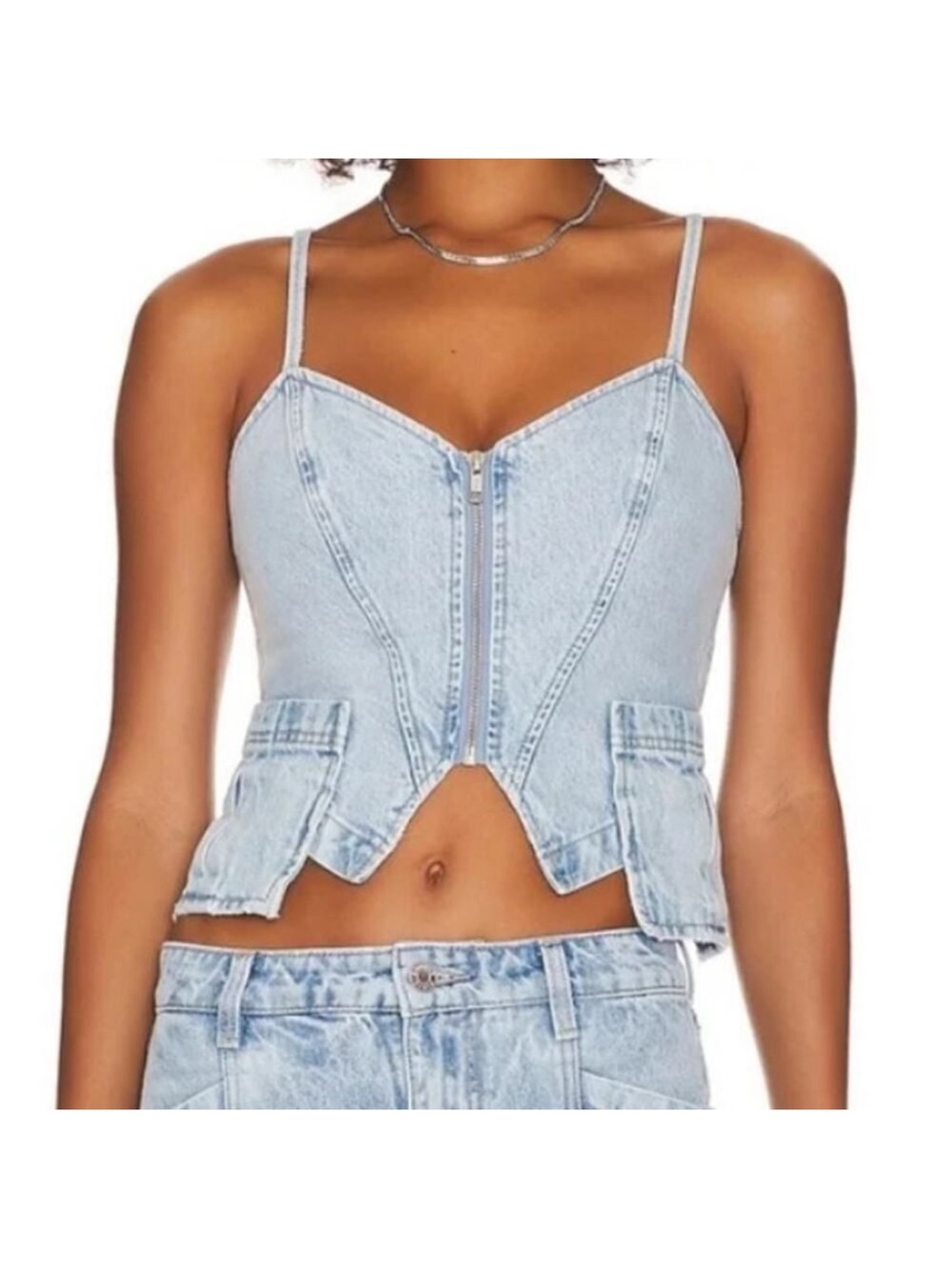 GRLFRND Light Blue Denim Zip-Front Crop Camisole